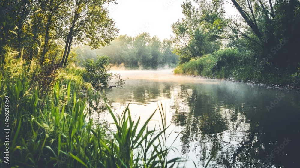 Obraz premium A serene river scene with trees and mist in nature