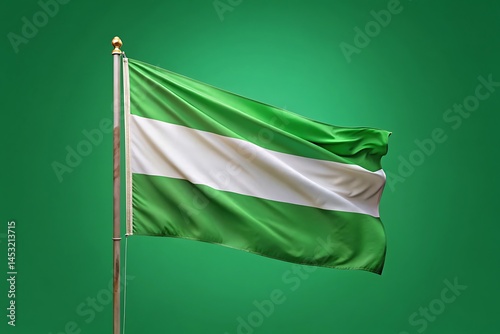 Waving Green and White Striped Flag on a Pole Against a Green Background
