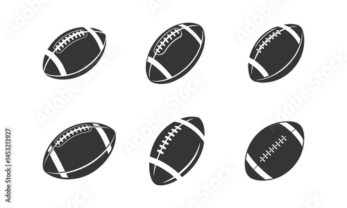 American Football Set Icons, Black And White Sports Balls Vector Illustration Silhouettes.