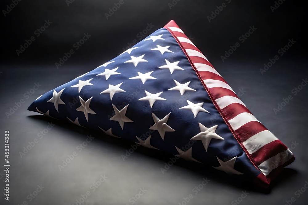 Obraz premium Solemnly Folded American Flag Resting on a Dark Gray Background Surface