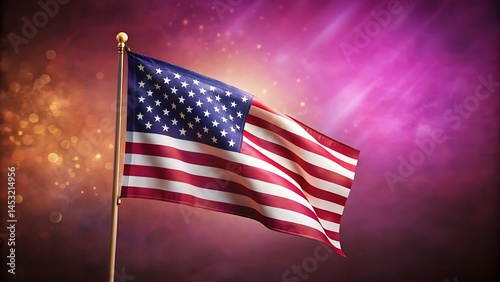 Dramatic image of the American flag waving proudly in a colorful sky