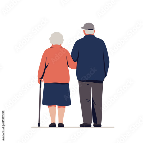 Elderly couple enjoying walking together, Simple illustration, Aging, relationship, companionship. Lifestyle blogs, health articles, advertising