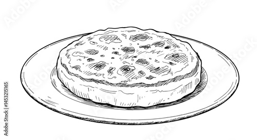 Hotteok Korean Pancake on plate, monochrome hand-drawn sketch. Korean cuisine, street food icon, dessert. Food blogs, recipes, menus, design elements