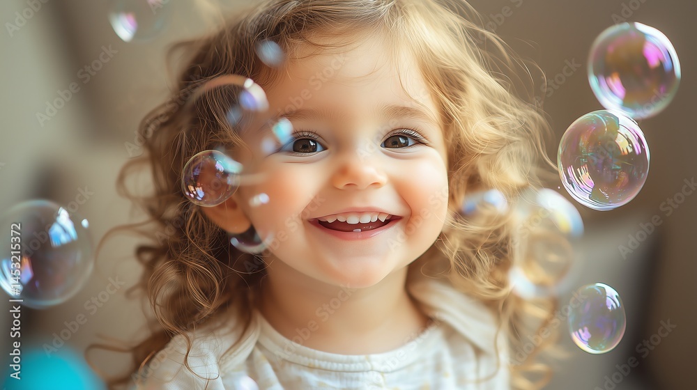 Toddler happily popping bubbles, minimalist and copy space Toddler happily popping bubbles, minimalist and copy space