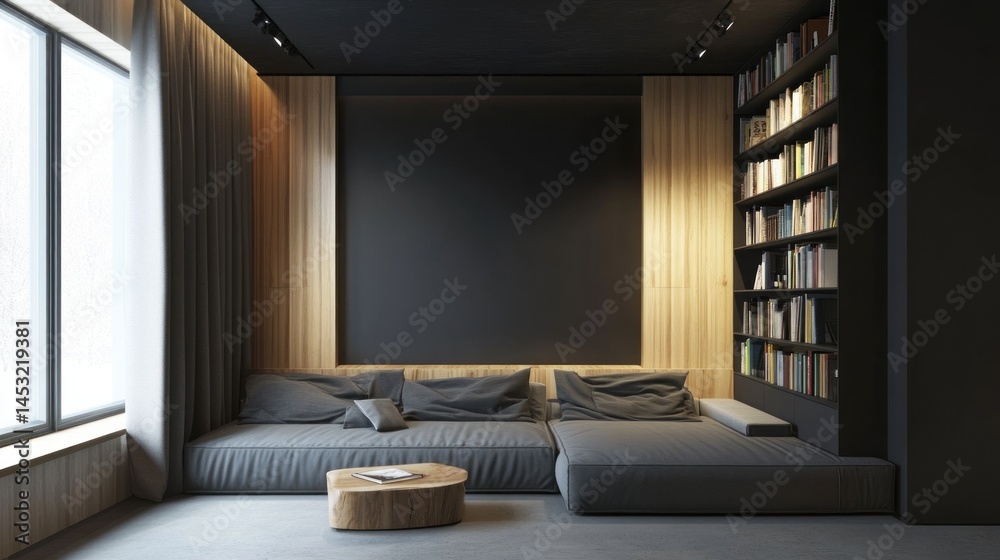 Fototapeta premium Modern interior showcases a sofa bookcase and wooden wall design