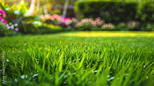 Vibrant garden with lush green grass and colorful flowers, where sunlight enhances serene landscape and invites you to enjoy beauty of nature outdoors.