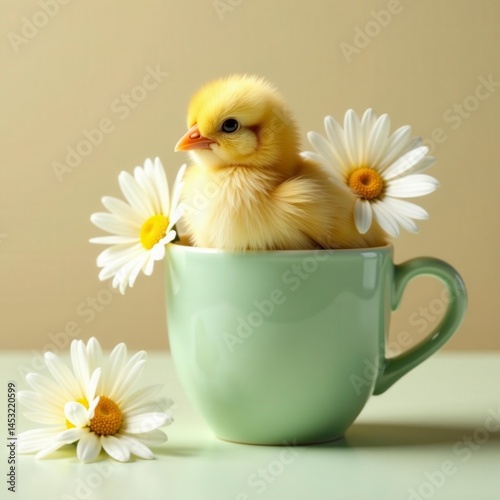 Golden chick in pale green ceramic cup, white daisies , poultry, farm