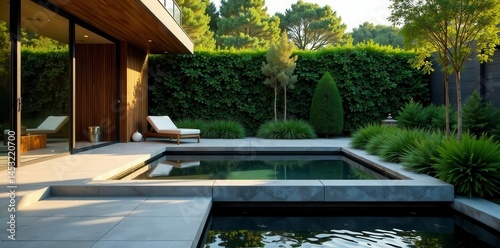 Modern minimalist water feature in contemporary garden, fountain, outdoor, reflective