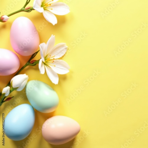 Pastel eggs and delicate blossoms on a soft yellow background, pattern, texture, yellow
