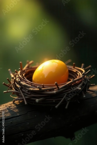 Rustic twig nest cradles a luminous golden egg , wealth, texture, opportunity