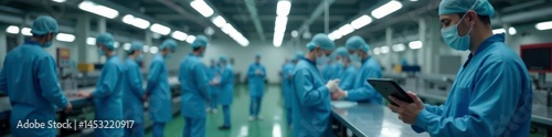 Sterile-clad supervisor uses tablet to oversee diverse team's production line , multicultural, communication