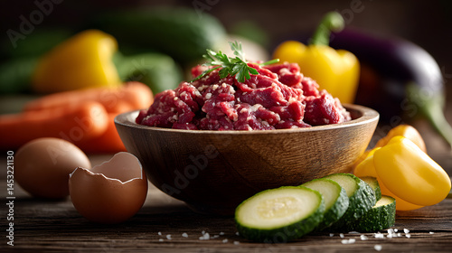 Bowl of Raw Dog Food with Vegetables and Eggs, Close-Up Shot on Wooden Table
