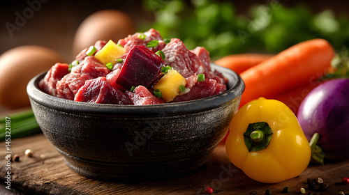 Bowl of Raw Dog Food with Vegetables and Eggs, Close-Up Shot on Wooden Table
