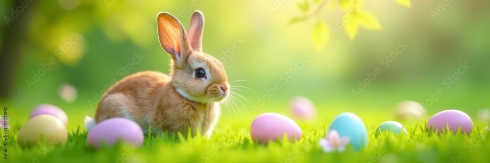 Obraz premium Adorable bunny surrounded by pastel Easter eggs on lush grass , close-up, decoration, eggs