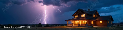 Bright bolt strikes near a ranch-style home, heavy clouds gather , residential area, energy