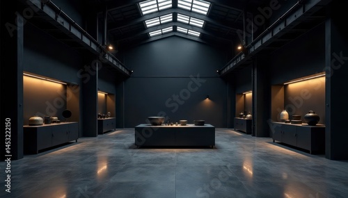 Dark warehouse, moody lighting, refined product showcase Matte black architecture , warehouse, texture, dark