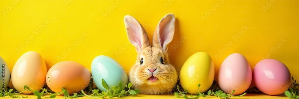 Smiling bunny face encircled by vibrant Easter eggs on sunny yellow backdrop, easter eggs, spring celebration, bright Smiling bunny face encircled by vibrant Easter eggs on sunny yellow backdrop, easter eggs, spring celebration, bright
