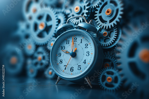 Time Management Concept – Alarm Clock with Gears Background