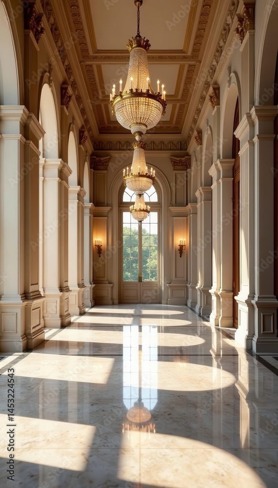 Obraz premium Grand hall, marble floors, crystal chandeliers, sculpture, vase, interior design