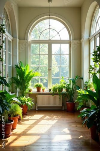 Bright, airy sunroom filled with lush plants and large windows, architecture, relaxation