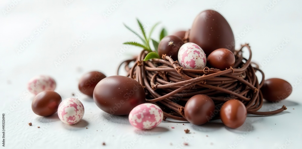 Dark chocolate Easter eggs,nest on white surface, dark chocolate, holiday, chocolate Dark chocolate Easter eggs,nest on white surface, dark chocolate, holiday, chocolate