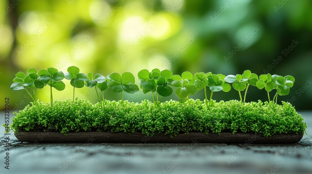 Fototapeta premium Miniature clover plants in moss tray, garden setting