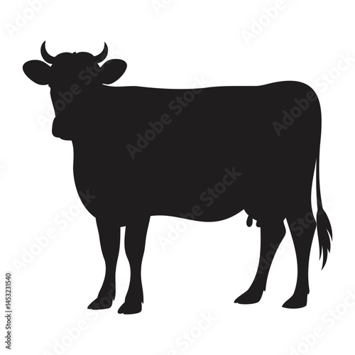 A black and white illustration depicts a cow and a bull, farm animals often associated with milk and beef, shown in silhouette and as a vector drawing