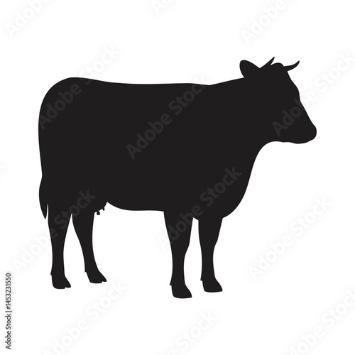 A black silhouette of a cow, a farm animal and mammal, is a vector illustration isolated in black and white, depicting cattle