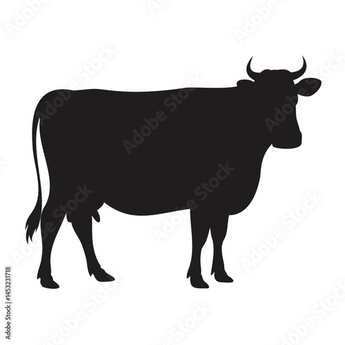 A black and white vector illustration shows a farm animal, a bull silhouette, which is often associated with cattle, milk, and beef