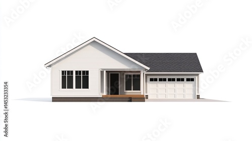 Front view of a single-story house with a garage.  Simple, modern design