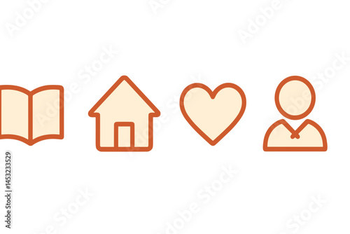 Minimalist icons representing a book, home, heart, and person with an orange outline