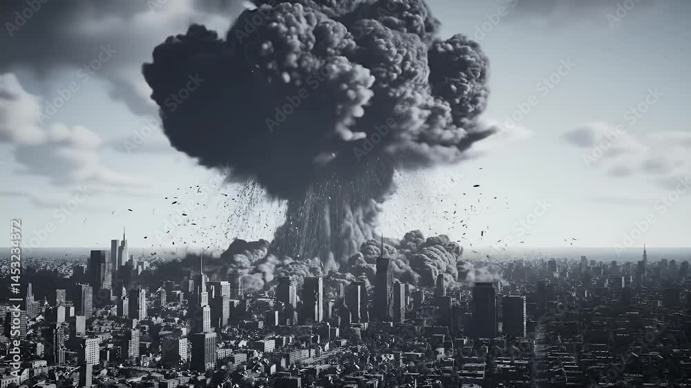 A massive mushroom cloud from a nuclear explosion rises over a city ...