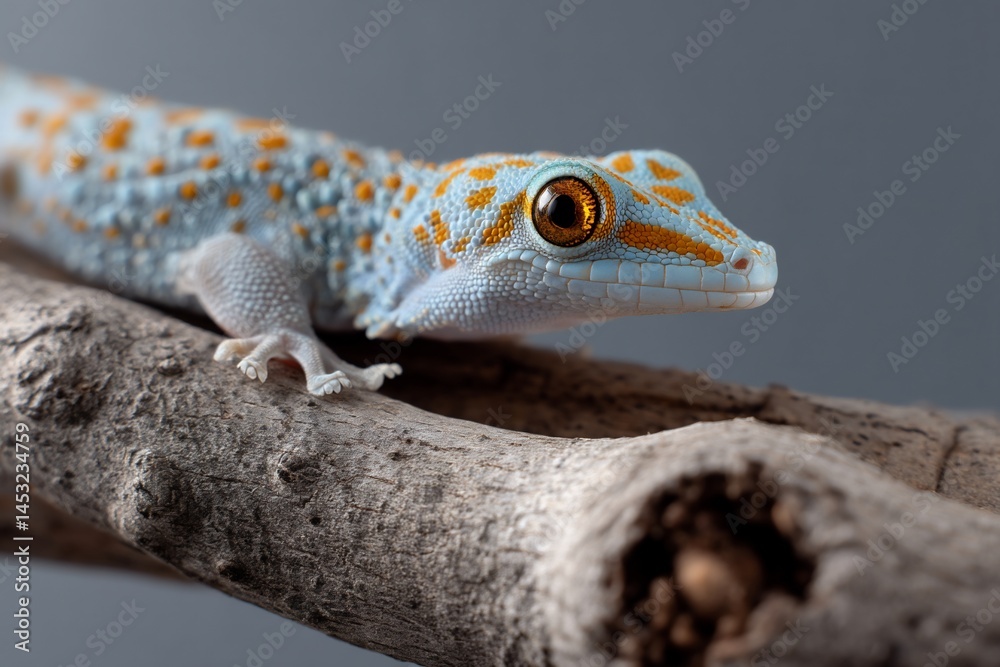Naklejka premium Close-up of a small, light blue gecko with orange spots on a grey branch