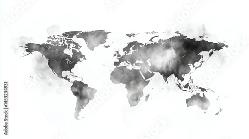Fototapeta Naklejka Na Ścianę i Meble -  Clean grayscale world map isolated on white background, customizable for presentations or educational materials, minimalistic design with ample copy space