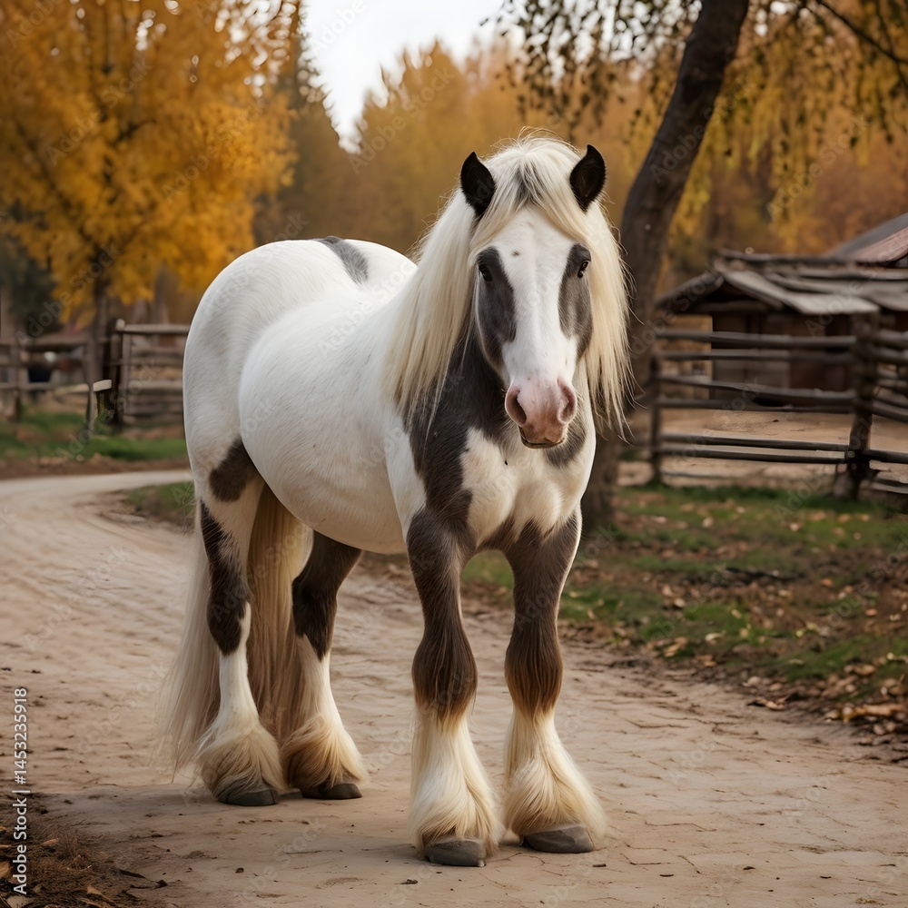 Obraz premium Potrait of huge gypsy Horse standing in the small road in the village AI Generated Image