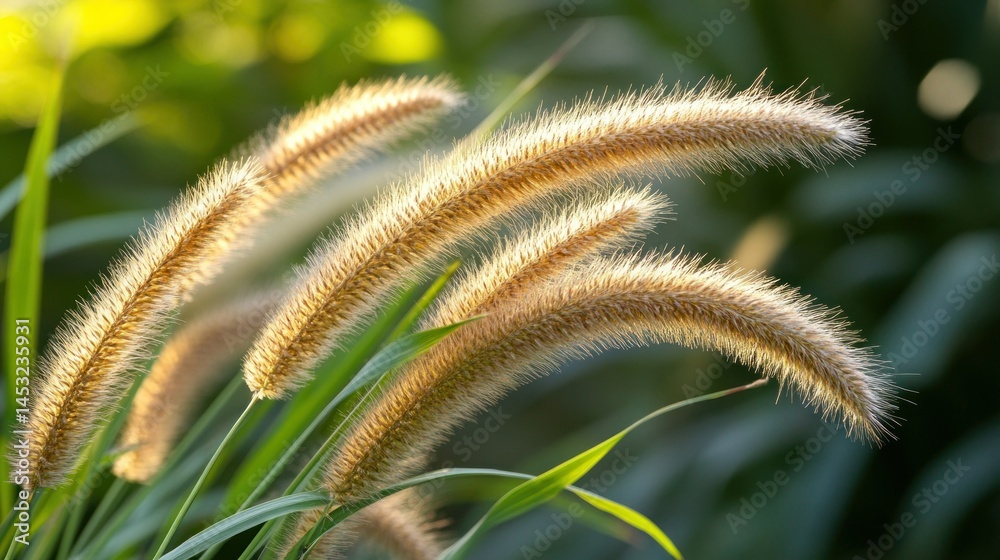 Golden fluffy grass heads growing in a sunny natural environment Golden fluffy grass heads growing in a sunny natural environment