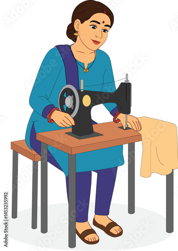 Indian Woman Sewing at a Table - Character Illustration in Suit and Salwar | 2D Animation Design. Women Empowerment. Indian Woman Working.