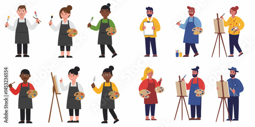 Vector illustration set of diverse artist characters painting with brushes, palettes, and easels.


