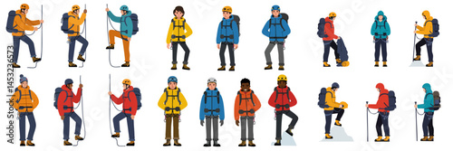 Vector illustration set of diverse characters hiking, climbing, and trekking with outdoor adventure gear.

