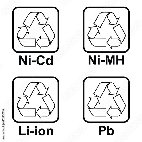 Battery recycling symbols , Japanese battery recycling icons , black and white vector illustration