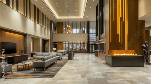 A modern and luxurious hotel lobby with various seating areas