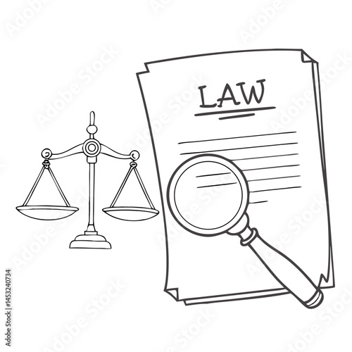 Legal Document With Scales of Justice and Magnifying Glass Illustrating Law Restriction Policy Concepts Generative AI