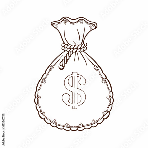 Vintage Money Bag Design Featuring Dollar Sign With Intricate Detailing and Elegant Lines in a Classic Style Generative AI