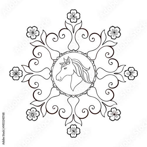 Ornate Horse Mandala Coloring Page Featuring Intricate Floral Patterns and Design Elements Generative AI