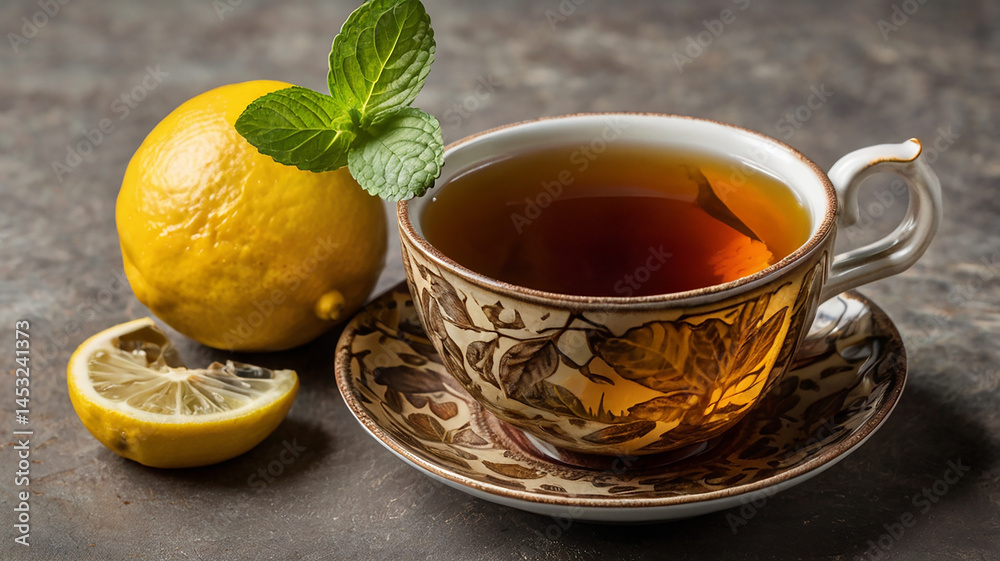 close up of a steaming hot glass of tea with fresh lemon slices and aromatic mint leaves close up of a steaming hot glass of tea with fresh lemon slices and aromatic mint leaves