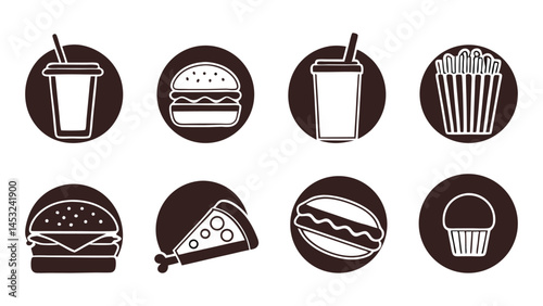 Set of fast food black silhouettes isolated on a white background., set of vector icons of food