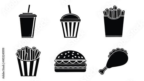 Set of fast food black silhouettes isolated on a white background., set of vector icons of food