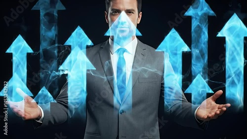 Businessman presenting upward arrow projections symbolizing business growth and prosperity
