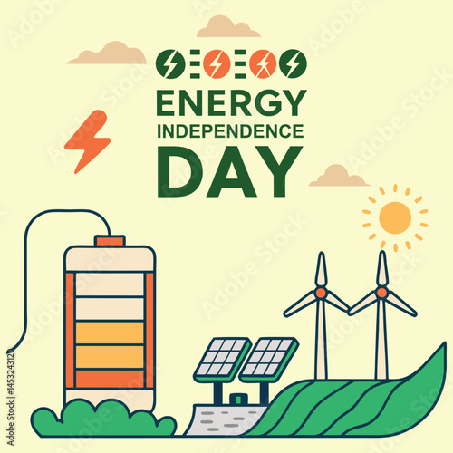 Energy Independence Day: Symbolic image with windmills, solar panels, and a battery representing a sustainable future
