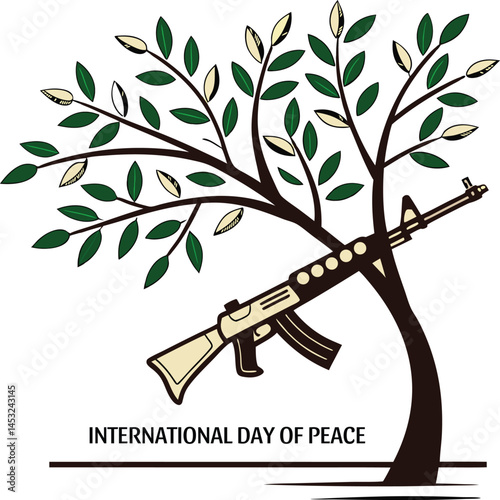 Symbol of Peace: A powerful illustration depicting an assault rifle and a verdant tree that intertwined, symbolizing the fragility of peace and the urgent need for environmental protection.